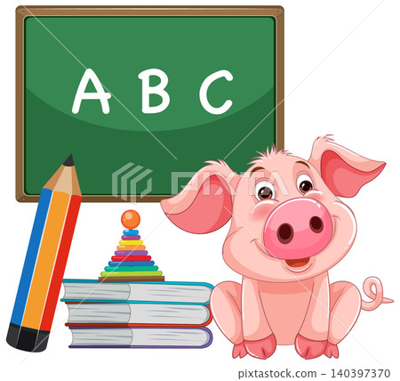 Cartoon Pig Character with School Supplies and Green Chalkboard Illustration Cartoon Pig Character with School Supplies and Green Chalkboard Illustration 140397370