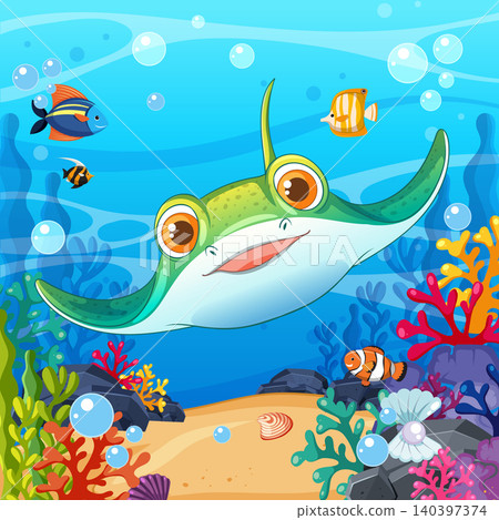 Cartoon Stingray Swimming Over Colorful Coral Reef With Tropical Fish Cartoon Stingray Swimming Over Colorful Coral Reef With Tropical Fish 140397374