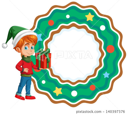 Cartoon Boy Holding Gift Box Next to Wreath Frame Template Cartoon Boy Holding Gift Box Next to Wreath Frame Template 140397376
