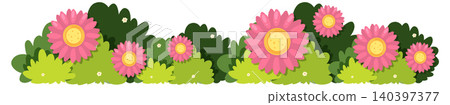Pink Daisies and Green Bushes Garden Border Illustration Pink Daisies and Green Bushes Garden Border Illustration 140397377