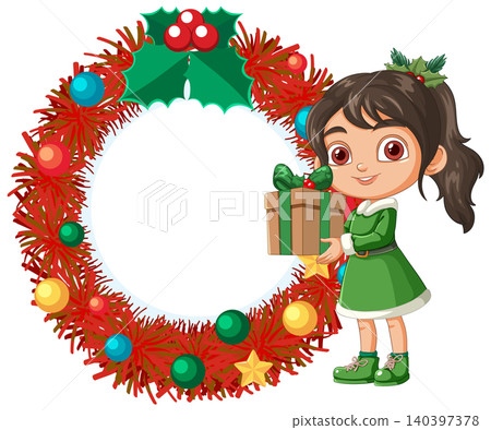Cartoon Girl Holding Gift Box Next to Red Christmas Tinsel Wreath Cartoon Girl Holding Gift Box Next to Red Christmas Tinsel Wreath 140397378
