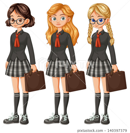 Three Schoolgirls in Uniform Holding Briefcases 140397379