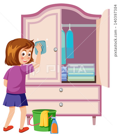 Girl Cleaning Wardrobe with Cloth and Cleaning Supplies 140397384