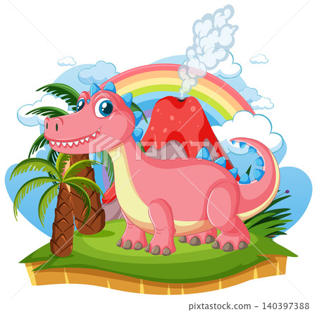 Cute Pink Cartoon Dinosaur Standing in Prehistoric Tropical Landscape Cute Pink Cartoon Dinosaur Standing in Prehistoric Tropical Landscape 140397388
