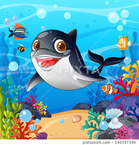 Cartoon Dolphin Swimming in Colorful Coral Reef Underwater Scene Cartoon Dolphin Swimming in Colorful Coral Reef Underwater Scene 140397390