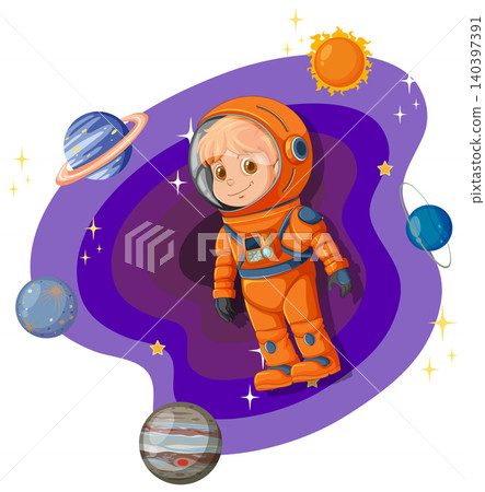 Young Boy in Orange Spacesuit Exploring the Galaxy Vector Illustration Young Boy in Orange Spacesuit Exploring the Galaxy Vector Illustration 140397391