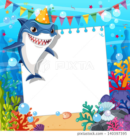 Cartoon Shark Wearing Party Hat with Blank Paper Underwater Background Cartoon Shark Wearing Party Hat with Blank Paper Underwater Background 140397395