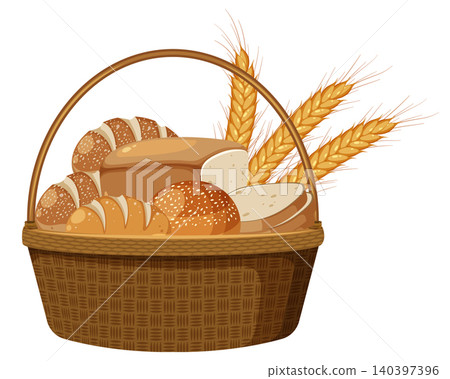 Basket of Fresh Bread and Wheat Ears Illustration Basket of Fresh Bread and Wheat Ears Illustration 140397396
