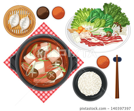 Korean Hot Pot with Vegetables, Rice, and Dumplings Overhead 140397397