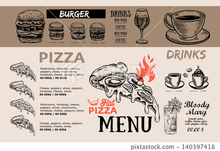 Pizza food Menu, Restaurant, Cafe, template design. Hand drawn illustrations. Pizza food Menu, Restaurant, Cafe, template design. Hand drawn illustrations. 140397418