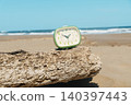a driftwood log supports a mint alarm clock 140397443
