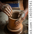 Skilled artisan hands shaping wet clay on a spinning potter wheel, creating a ceramic vase in a traditional pottery workshop. 140397541