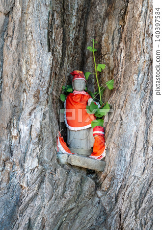 Jizo Bosatsu statue in sacred tree at Hida Kokubun-ji, Takayama, Japan 140397584
