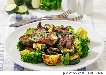 Low Carb Beef and Vegetable Stir Fry with tender meat slices, broccoli, and zucchini,on a white plate on white wood table with fork and ingredients, not AI generated 140397697
