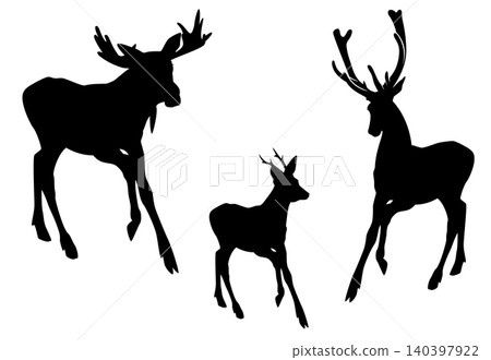 wild stag, roe deer and moose running silhouette black and white vector set 140397922