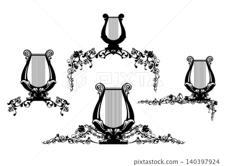 antique lyre musical instrument among rose flowers forming decorative border black and white vector design antique lyre musical instrument among rose flowers forming decorative border black and white vector design 140397924