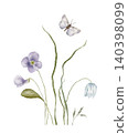 Watercolor elements of bouquet depicting a wildflower botanical wild violets hand drawn illustrations. Composition delicate of blue fritillary delicate flower and wildflower herbs and butterfly. 140398099