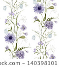 Watercolor seamless pattern with illustration light blue and violet wildflowers herbs flowers - phlox, cornflower, fritillary, echinacea, daisy, chamomile. Repeat pattern for textile 140398101