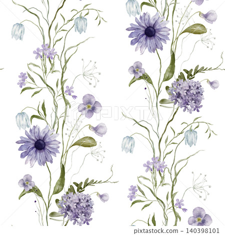 Watercolor seamless pattern with illustration light blue and violet wildflowers herbs flowers - phlox, cornflower, fritillary, echinacea, daisy, chamomile. Repeat pattern for textile Watercolor seamless pattern with illustration light blue and violet wildflowers herbs flowers - phlox, cornflower, fritillary, echinacea, daisy, chamomile. Repeat pattern for textile 140398101
