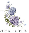 Flowers romance, leaves and flowers art design. Watercolor elements of bouquet wildflower botanical. Composition delicate of blue hydrangea and wild violets flower, cornflowers and wildflower herbs. 140398109