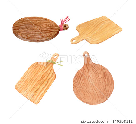 Watercolor collection of rustic wooden cutting boards in different shapes with natural wood texture. Hand drawn isolated kitchen set for food branding, packaging, recipe books and culinary projects. 140398111