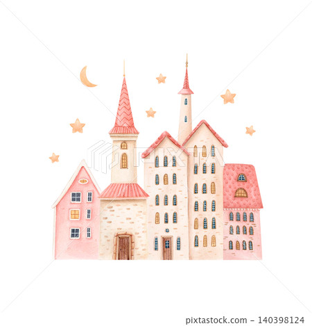 Watercolor Christmas village with pastel houses, moon and sparkling stars. Hand drawn isolated winter illustration of fairytale town in vintage style for holiday cards, invitations, festive packaging 140398124