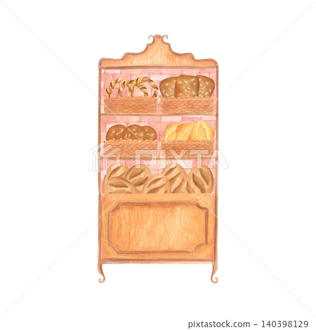 Watercolor vintage bakery display shelf filled with artisan bread, loaves and pastries. Hand drawn isolated illustration for bakery branding, packaging, cookbooks, food blogs, kitchen themed designs. Watercolor vintage bakery display shelf filled with artisan bread, loaves and pastries. Hand drawn isolated illustration for bakery branding, packaging, cookbooks, food blogs, kitchen themed designs. 140398129