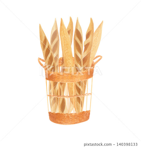 Watercolor vintage wicker basket with freshly baked baguettes. Hand drawn isolated illustration for menus, food packaging, bakery branding, recipe books, culinary blogs and rustic kitchen designs. Watercolor vintage wicker basket with freshly baked baguettes. Hand drawn isolated illustration for menus, food packaging, bakery branding, recipe books, culinary blogs and rustic kitchen designs. 140398133