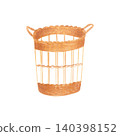 Watercolor woven wicker basket with decorative handles. Hand drawn isolated illustration for home organization products, rustic decor, kitchen projects, packaging, branding, farmhouse themed designs. 140398152