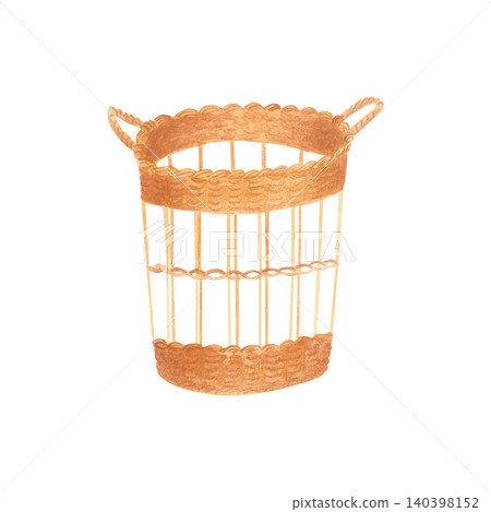 Watercolor woven wicker basket with decorative handles. Hand drawn isolated illustration for home organization products, rustic decor, kitchen projects, packaging, branding, farmhouse themed designs. Watercolor woven wicker basket with decorative handles. Hand drawn isolated illustration for home organization products, rustic decor, kitchen projects, packaging, branding, farmhouse themed designs. 140398152
