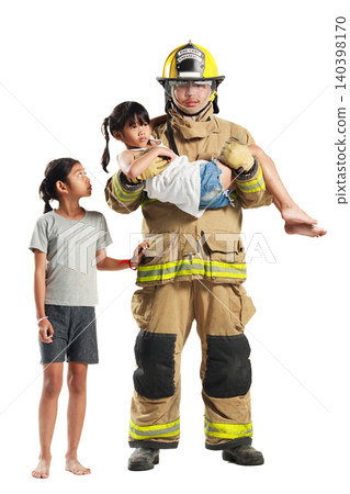 Firefighter rescuing two children isolated on white background 140398170