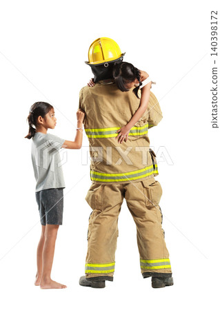 Firefighter rescuing two children isolated on white background 140398172