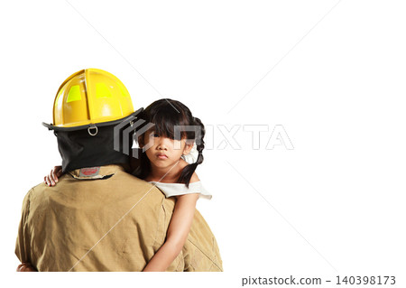 Firefighter carrying a rescued child isolated on white background Firefighter carrying a rescued child isolated on white background 140398173