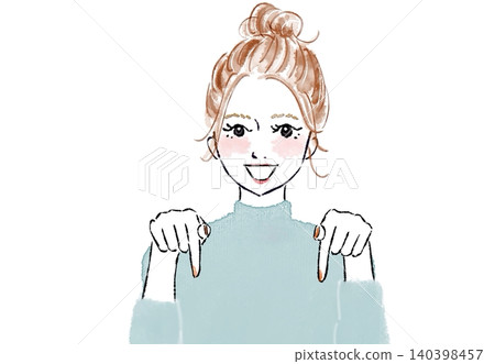 一名女子用兩根食指向下指。 一名女子用兩根食指向下指。 140398457