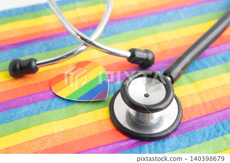 LGBT symbol, Stethoscope on rainbow flag, rights and gender equality, LGBT Pride Month in June. LGBT symbol, Stethoscope on rainbow flag, rights and gender equality, LGBT Pride Month in June. 140398679