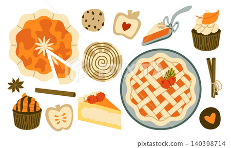 Autumn Baking Vector Set Flat Geometric Pumpkin Pie Cake Cupcake Collection Autumn Baking Vector Set Flat Geometric Pumpkin Pie Cake Cupcake Collection 140398714