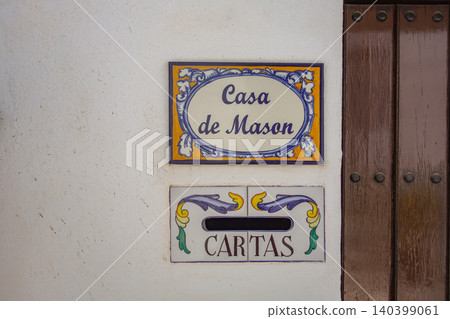 Street signs in the white village of Mijas, Spain. 140399061
