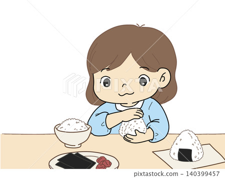 A kitchen illustration featuring a girl making rice balls and ingredients laid out. A kitchen illustration featuring a girl making rice balls and ingredients laid out. 140399457