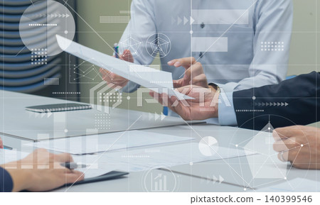 Image of a business meeting for developing management strategies and statistical data analysis. Image of a business meeting for developing management strategies and statistical data analysis. 140399546