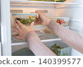 Woman Storing Healthy Meal Prep Containers in Refrigerator at Home 140399577