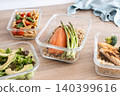 Healthy meal prep containers with salmon, chicken, pasta and fresh vegetables 140399616