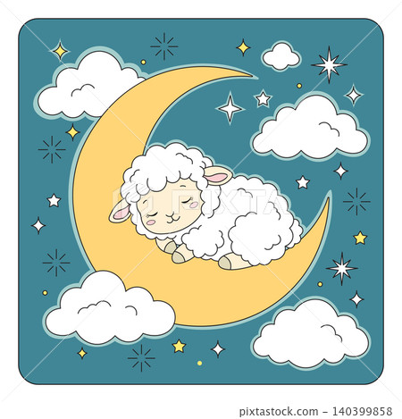 Cute Sleeping Sheep on Crescent Moon in Starry Night Sky, Kawaii Vector Illustration Cute Sleeping Sheep on Crescent Moon in Starry Night Sky, Kawaii Vector Illustration 140399858