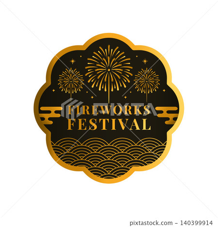Gold and black badge design and Japanese-style logo emblem for a fireworks festival. Gold and black badge design and Japanese-style logo emblem for a fireworks festival. 140399914