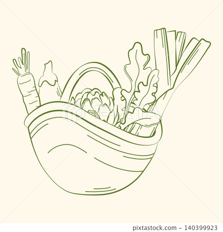 Hand-drawn summer vegetables in a shopping basket from the farmers market in line art for grocery, seasonal packaging, ingredients Hand-drawn summer vegetables in a shopping basket from the farmers market in line art for grocery, seasonal packaging, ingredients 140399923