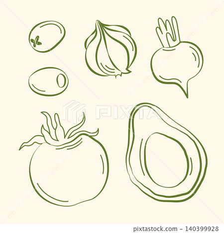Hand-drawn summer vegetables, tomato, radish, avocado, garlic in line art style for grocery shop, farmers market, packaging Hand-drawn summer vegetables, tomato, radish, avocado, garlic in line art style for grocery shop, farmers market, packaging 140399928