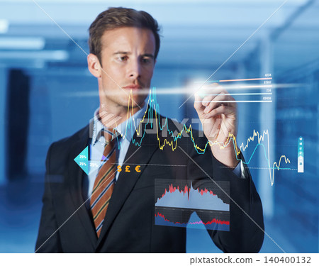3D, hologram and businessman writing on graphs for software technology with information. Futuristic, career and professional male finance analyst planning investment statistics with chart display. 3D, hologram and businessman writing on graphs for software technology with information. Futuristic, career and professional male finance analyst planning investment statistics with chart display. 140400132