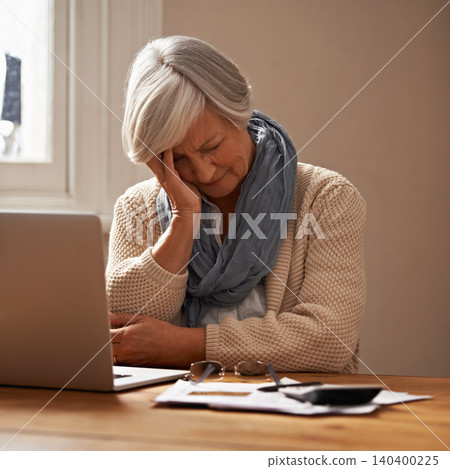 Senior woman, stress and laptop for bills in home, worry and paperwork for tax return or insurance. Elderly female person, frustrated and documents for retirement plan, fail and mistake in budget Senior woman, stress and laptop for bills in home, worry and paperwork for tax return or insurance. Elderly female person, frustrated and documents for retirement plan, fail and mistake in budget 140400225