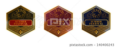 Summer Festival Badge Set: Fireworks and Japanese-style summer festival label design with gold emblem. 140400243