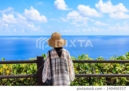 戴著草帽的女子;戶外;海灘;夏季景象。 戴著草帽的女子;戶外;海灘;夏季景象。 140400357