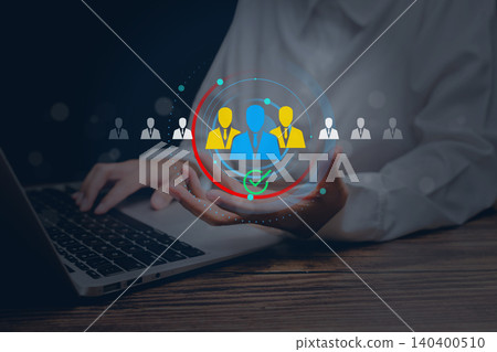 Talent acquisition, business person using laptop with selected team profile icon, recruitment approval and human resources management Talent acquisition, business person using laptop with selected team profile icon, recruitment approval and human resources management 140400510